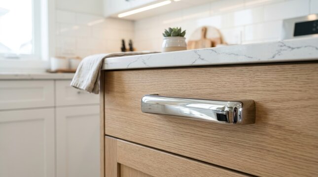 Modern Kitchen Cabinet Drawer with Oak Wood Grain and Polished Chrome Handle