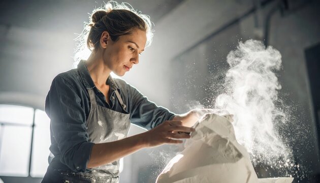 Artist meticulously chiseling marble, dust motes swirling in dramatic studio light