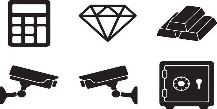 Black icons of calculator, diamond, gold bars, security cameras and safe