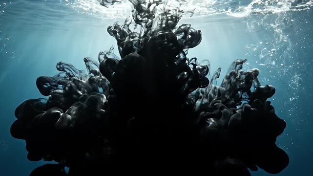 Black Ink Cloud Underwater Motion Background - Abstract black ink plumes swirl and expand in clear blue water, illuminated by sunbeams from above.