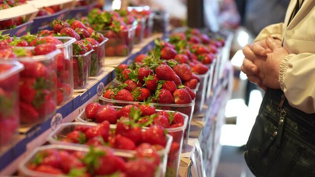 Fresh organic strawberries arranged in clear plastic punnets at an outdoor farmers market counter with a senior shopper indicating agricultural food retail trade