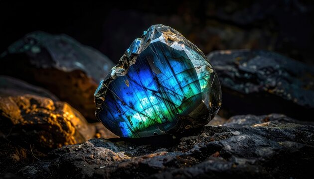 Mesmerizing rough labradorite gemstone showcasing vibrant blue and green iridescence on dark, textured background