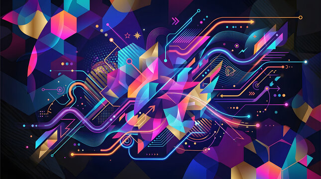Vibrant Abstract Digital Flow Futuristic Geometric Network with Glowing Circuitry and Dynamic Data Streams for Technology and Innovation Concepts