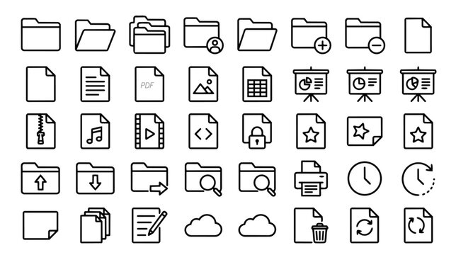 File and folder line icons vector set. Document, data storage, cloud, office interface, and computer system outline icons for UI UX design.