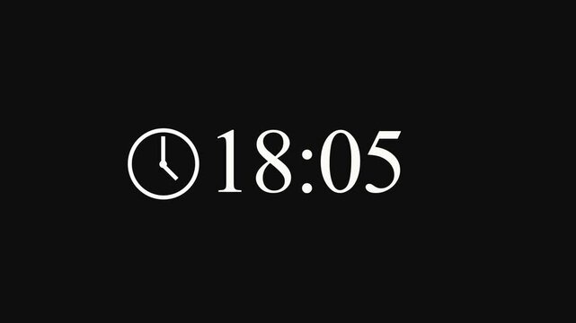 Minimalist digital clock animation counting from eighteen zero zero to nineteen zero zero on black background.