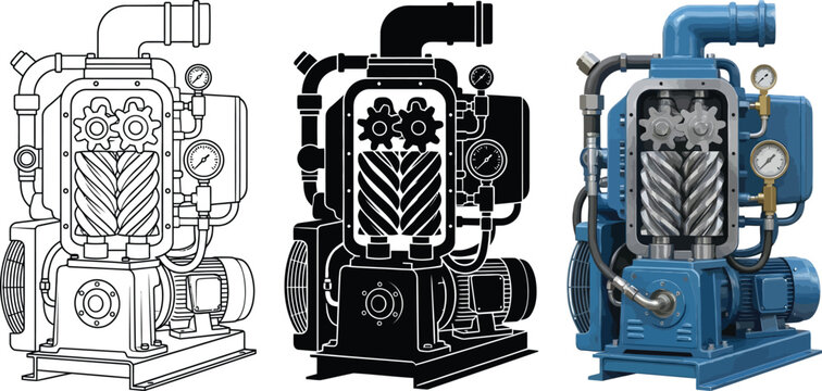 Detailed vector illustration of an industrial Roots blower or positive displacement pump featuring a cutaway view of internal gears and rotors ideal for engineering diagrams and mechanical explanation