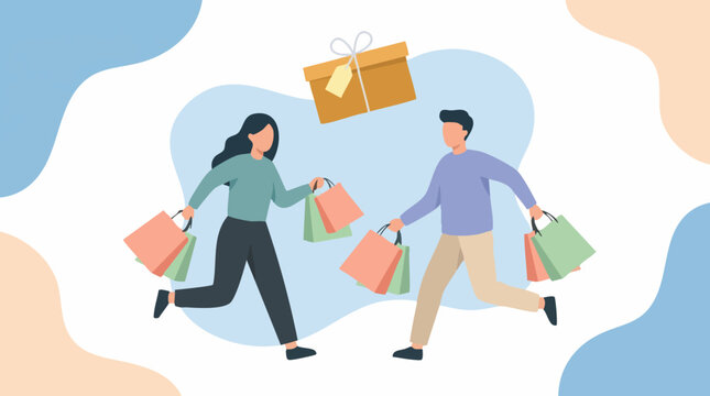 Happy couple running excitedly with shopping bags and floating gift box