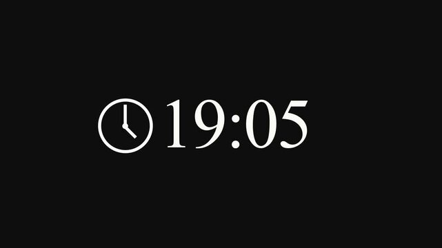 Minimalist digital clock animation counts up seconds from nineteen oclock to twenty oclock on black background.