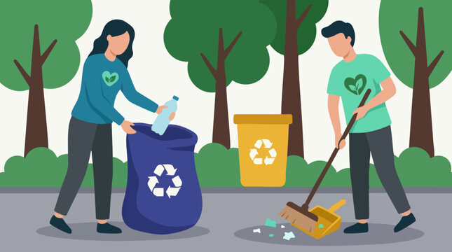 Volunteers cleaning park, recycling plastic, promoting environmental sustainability