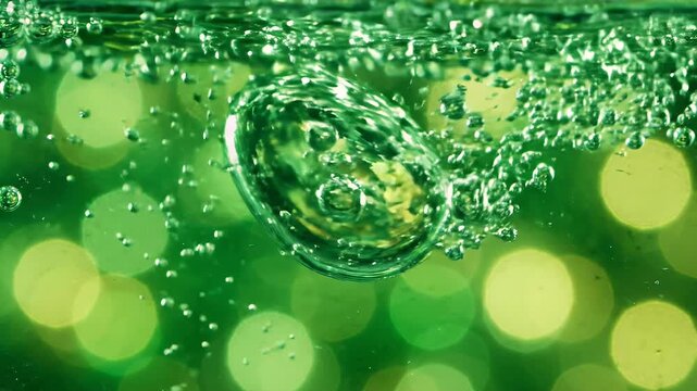 Close Up Green Bubbles Rising in Water with Bokeh Effect - Macro shot of numerous green bubbles ascending through a liquid medium, creating a mesmerizing visual effect.
