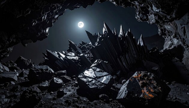 Jagged Obsidian Shards with Sharp Edges and Luster Scattered on Rough Volcanic Ground Under Moonlight