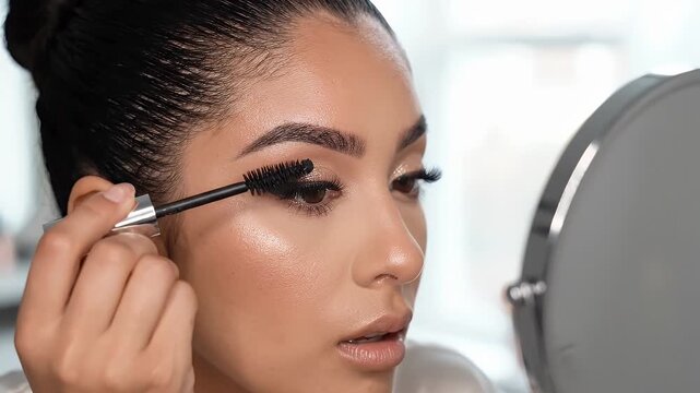 Woman Applying Black Mascara to Eyelashes Close Up - A close-up, overhead shot shows a woman applying black mascara to her eyelashes.