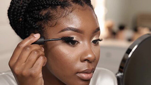 Woman Applying Black Mascara Close Up - A close-up, overhead shot captures a woman in profile as she applies black mascara to her upper eyelashes.