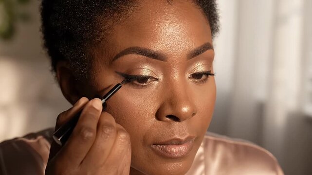 Woman Applying Black Mascara Close Up - A close-up overhead shot shows a woman with dark skin, her eyes closed, as she applies black mascara to her eyelashes.