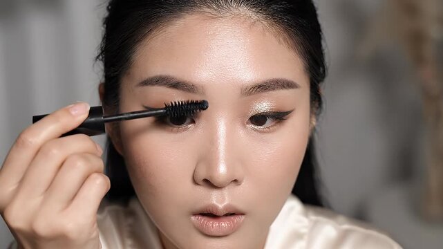 Woman Applying Black Mascara to Eyelashes - Close-up overhead shot of a woman applying black mascara to her eyelashes. She has shimmery gold eyeshadow and winged eyeliner.