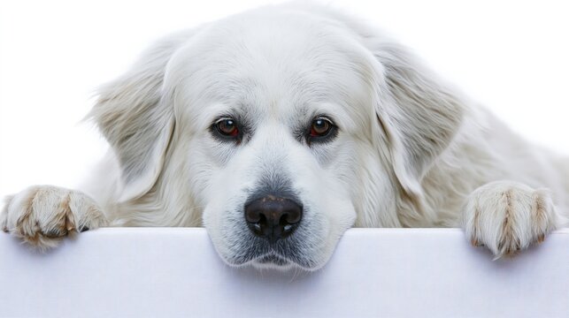 White dog lying with paws over edge on white seamless background