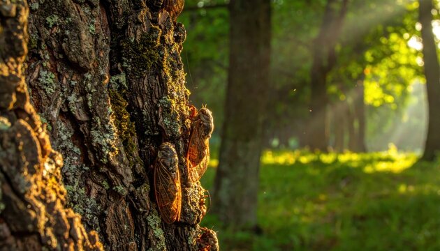 Emerging Cicadas Clinging to Rough Tree Bark in Golden Sunlight