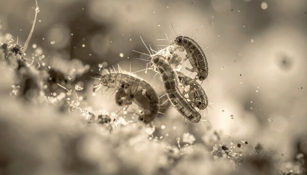 Microscopic flea larvae wriggling in dust particles, captured in an ultra-macro shot showcasing hidden life.