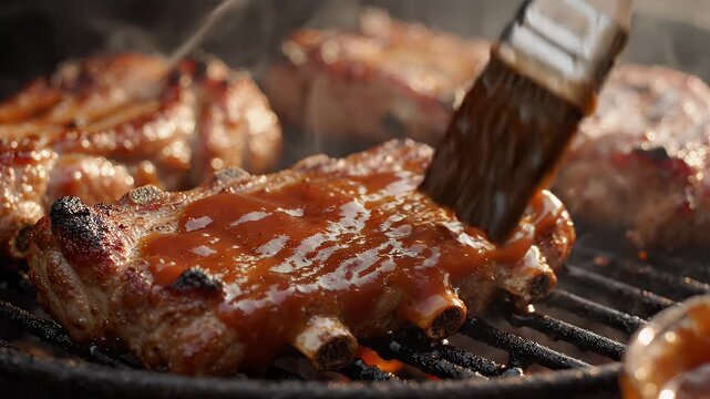 Close-Up Shot of Pork Ribs Being Brushed with BBQ Sauce on Grill - A close-up view shows a brush generously applying a thick, glossy BBQ sauce onto succulent grilled pork ribs.