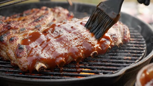 Brushing BBQ Sauce on Grilled Pork Ribs - A close-up shot shows a brush generously coating succulent pork ribs with a rich BBQ sauce while they cook on a hot grill.
