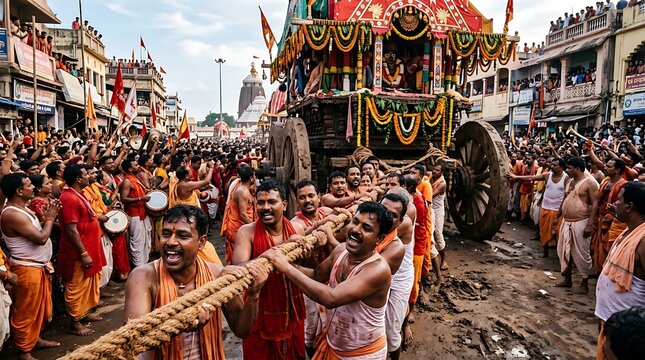 Devotees pulling the chariot of Lord Jagannath during the annual Rath Yatra festival in Puri Odisha India.
