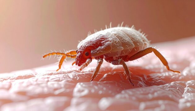 Extreme close-up macro view of a chigger mite crawling across human skin, revealing its parasitic nature