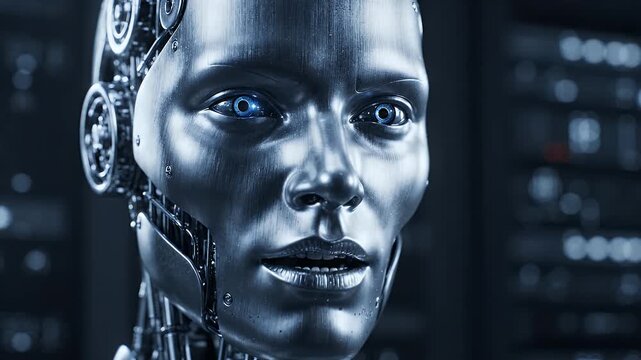 Glitching Robot Face Abstract Digital Art - A close-up, abstract digital artwork depicts a metallic robot face distorted with digital glitch effects.