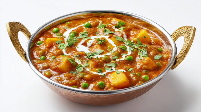 Aloo matar curry served in a traditional indian copper bowl isolated on white background