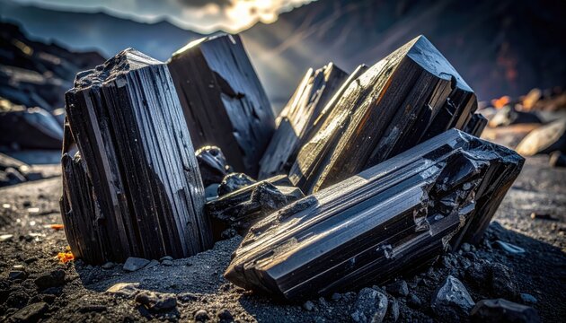 Jagged Unpolished Black Tourmaline Crystals With Strong Parallel Striations in Natural Setting