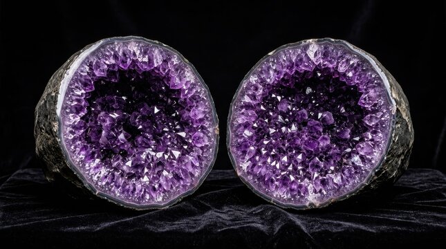 Two Large Amethyst Geodes Split Open Revealing Sparkling Purple Crystals in Dark Studio Lighting