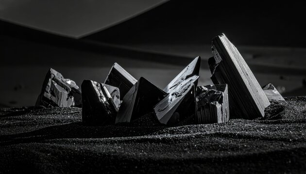 Sharp Obsidian Shards Scattered Across Dark Volcanic Terrain