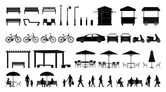 Urban landscape architecture elements silhouette set for streetscape site plan, public park outdoor furniture, architectural rendering scales, transport, and people entourage vector
