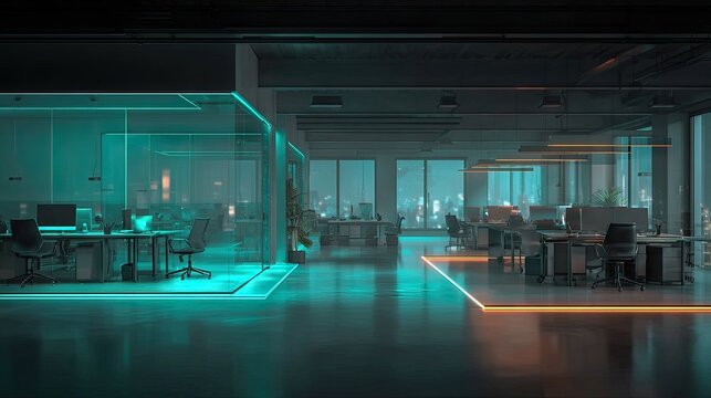 Futuristic open plan office with glowing neon light strips.