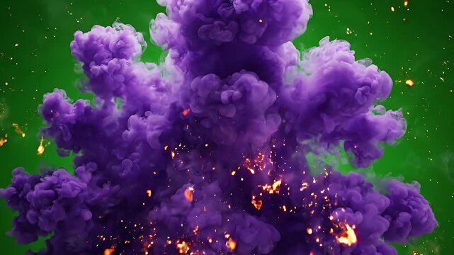 Dramatic Purple Smoke Explosion with Glowing Embers on Green Background - A vibrant purple smoke cloud erupts with intense energy, scattered with glowing embers and particles.