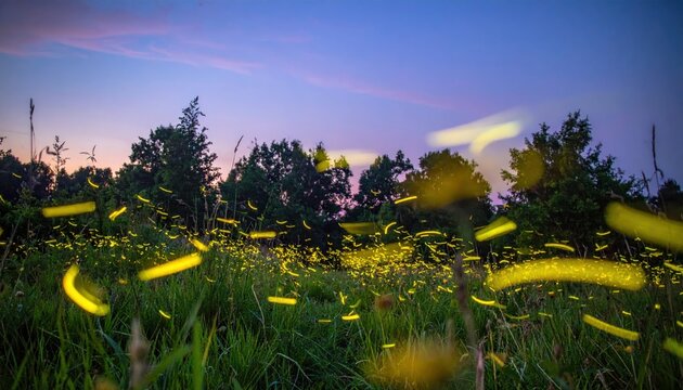 Thousands of fireflies illuminate a twilight meadow with their glowing flight against a backdrop of trees and a colorful sky