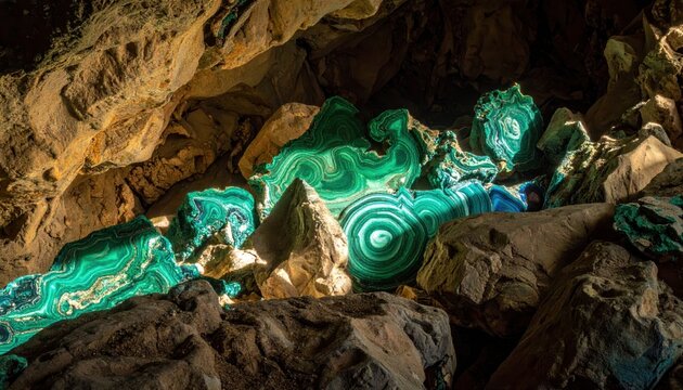 Rough, irregular pieces of malachite and azurite specimens exhibiting their unique patterns in a natural cave formation