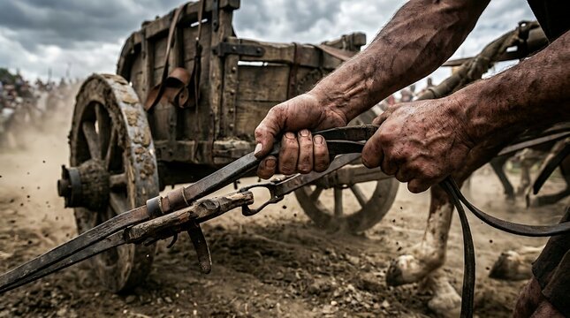 Mud-covered hands adjusting a harness on a rustic wooden cart in a gritty historical setting.