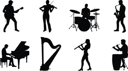 Musician silhouettes set with guitar violin drums saxophone piano harp clarinet and percussion instruments for music design © Miss