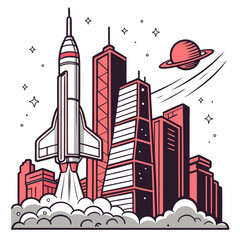 Futuristic rocket launching above modern city skyline with saturn planet buildings architecture metropolis spaceship blastoff illustration © Ar
