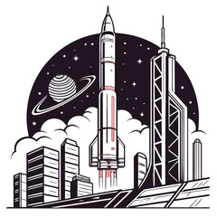 Space rocket launching over futurist cityscape with saturn planet icon skyscrapers exploration astronomy technology illustration architecture © Ar