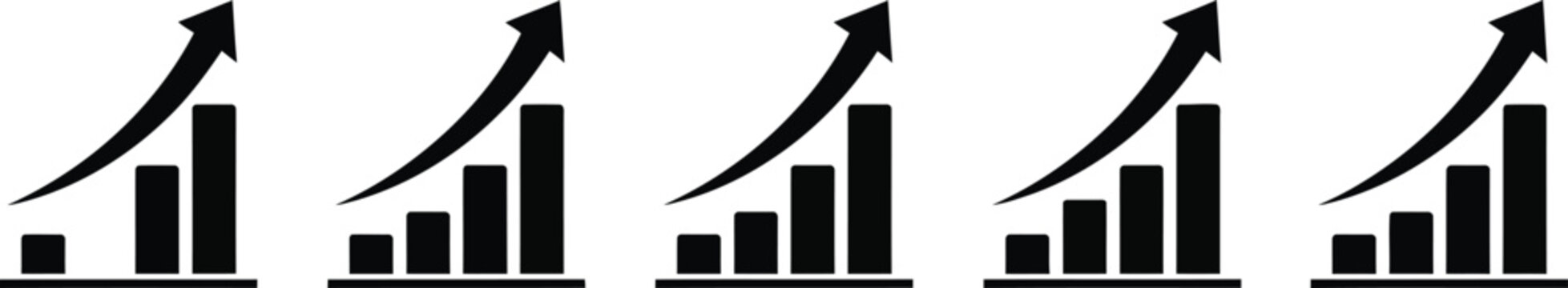 Silhouette of five black bar graphs with arrows trending upward on white background