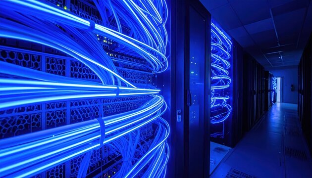 Tangled Network of Illuminated Blue Fiber Optic Cables in a Server Room