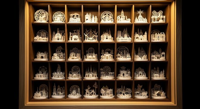 Collection of intricate white papercut architectural dioramas in a wooden display shelf