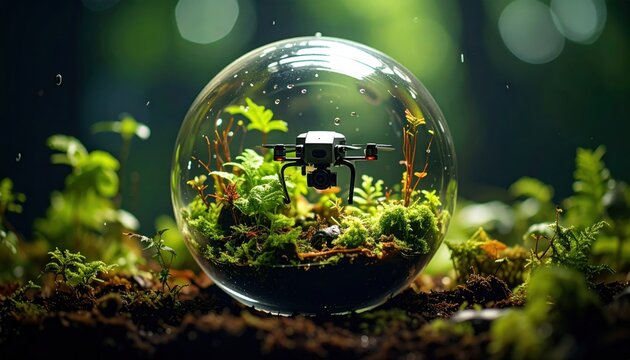Miniature drone explores lush botanical terrarium inside a clear glass sphere