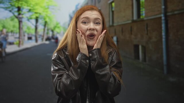 Redhead woman presses hands to cheeks with mouth open in a surprised gasp, wearing leather jacket on street; surprise spontaneity.