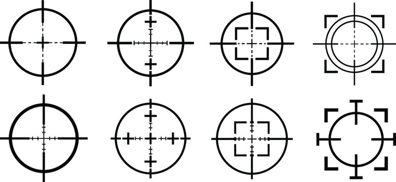 Silhouette of various rifle scope reticle patterns on a white background