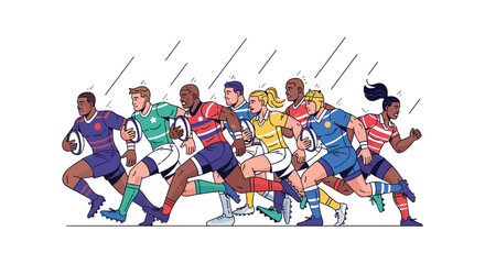 Fototapeta premium A dynamic group of diverse rugby players in colorful team jerseys sprints forward with balls in a clean and energetic athletic illustration style design.