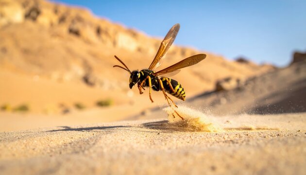 Tarantula Hawk Wasp in Flight Hunting for Prey in Arid Desert Landscape