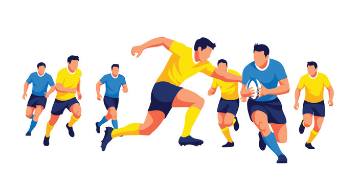 Fast-paced rugby players in bright yellow and blue jerseys compete for possession of the ball in a minimalist and clean flat vector sports illustration.