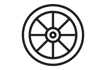 Obraz premium Simple black line art wheel icon with six spokes and circular frame isolated on white background
